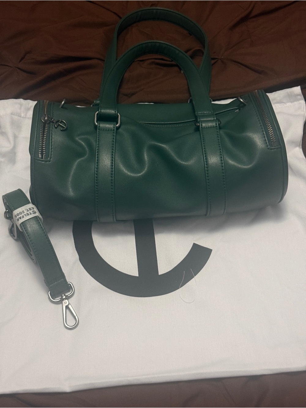 Authentic Telfar medium duffle -dark olive- Leather Barrel Duffel Bag -